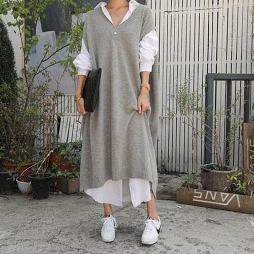 New Autumn Sweater Women Dress Winter Sleeveless Sweaters Knitted Dresses Womens Loose Maxi Oversize Knitting Robe Vestido