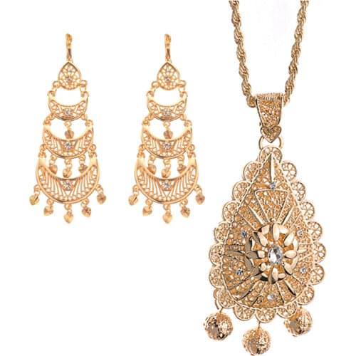 New Geometric Pendant with Flower Tassels Algeria Wedding Necklace Long Chain Coin Pendant Earring Set Gold Necklace Sets