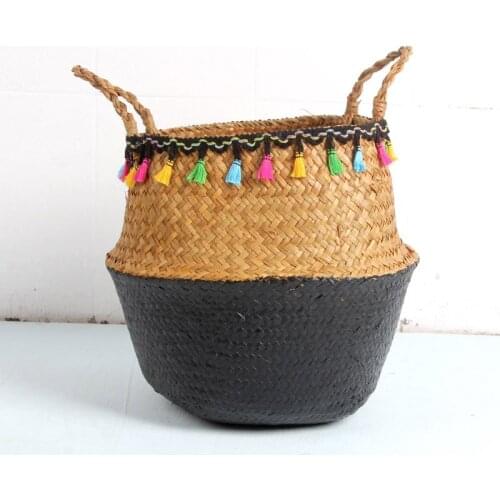Seaweed Wicker Basket Storage Rattan Hanging Flower Pot Woven Laundry Basket Storage Black White Basket for Organizing