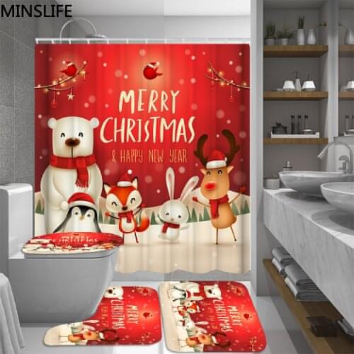 Merry Christmas Bathroom Curtains Snowman Rabbit Elk Polyester Waterproof Shower Curtain Sets Toilet Cover Mat Non Slip Rug Set