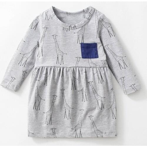 Little Maven Spring Autumn New Full-Sleeved Grey Giraffe Printed O-neck 1-6yrs Pocket Knitted Cotton Girls Casual Dresses