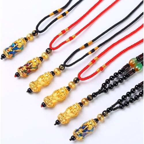 Unisex Gold Color Pixiu Beads Pendant Obsidian Stone Beaded Necklace Fengshui Wealth Good Luck Rope Chain Necklace for Men Women