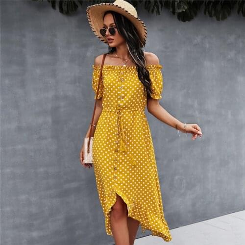 Spring Fashion New Women Dress Casual Button Female Short Sleeve Dress Sexy Off Shoulder Elegant Dot Polka Print Lady Dress