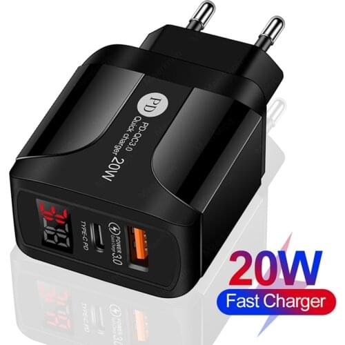 Travel charger PD 2USB Digital display charger Quick Charger3.0 For Samsung iPhone12 Huawei Xiaomi Wall Charger EU Plug Adapter