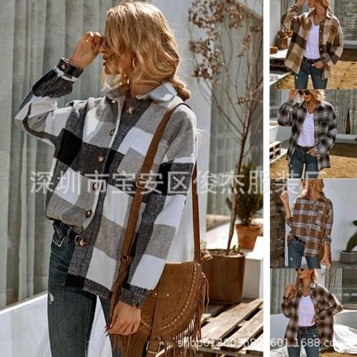 Women Check Overshirt Turn-down Collar Overshirt Long Sleeves Fastening Buttons Female Top Mujer Fashion Plaid Casual Coat