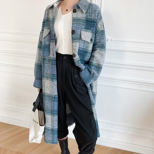 Elfbop Women Contrast Blue Plaid Woolen Jacket Coat Outerwear With Lapel & Long Sleeve & Pockets