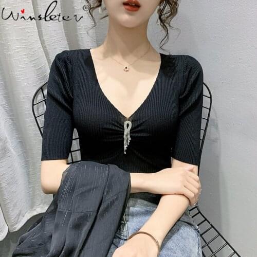 Summer 2021 Knitted T-shirt Women Solid V-neck Diamond Decoration Tassel Knitwear Stretchy Casual Tops Tees Short Sleeve T17613A