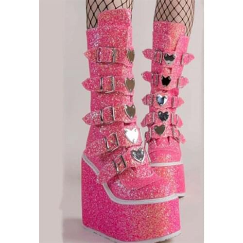 Women Dress Shoes Fancy Glitter Buckle Strap Platform Boots Super High Heel Ladys Fashion Knee High Boots Winter