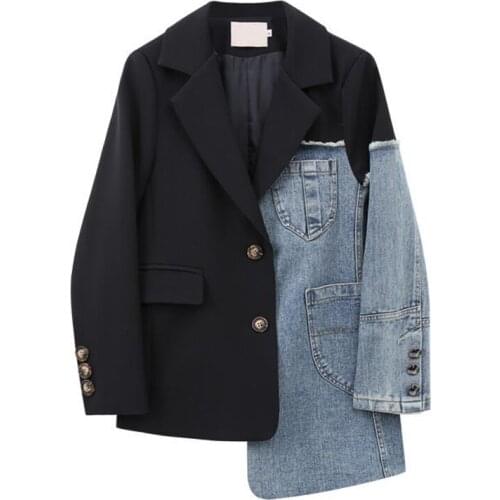 Women Vintage Fashion Blazer Denim Patchwork Jackets Autumn Winter Irregular Coat Women Long Sleeve Loose Korean Outerwear