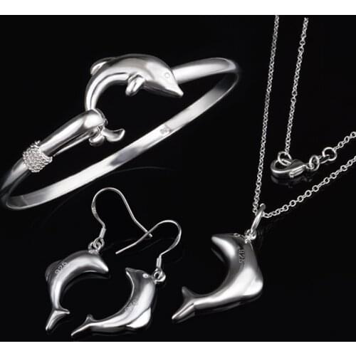 925 Silver Jewelry Sets For Women Dolphin Bangle Necklace Earrings 3pcs Fashion Jewellery Set Collier Pulseira Brincos Femme