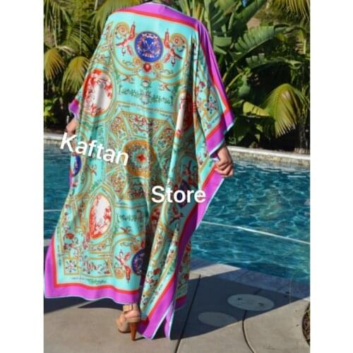 Europejska odzież Stunning Print Silk Caftan Womens Kaftans Silk Kaftans Free Size Kuwait Traditional Muslim Abaya Robe dress