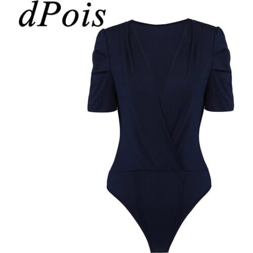 Women Basic Bodysuits One-piece Elegant Slim Fit Deep V Neck Ruched Short Sleeve OL Style Bodysuit Office Ladies Casual Workwear