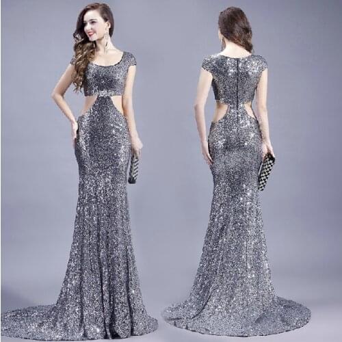 New hot sexy vestido de festa short sleeves mermaid Evening elegant Dress 2015 gray sequined long prom dresses Formal gown