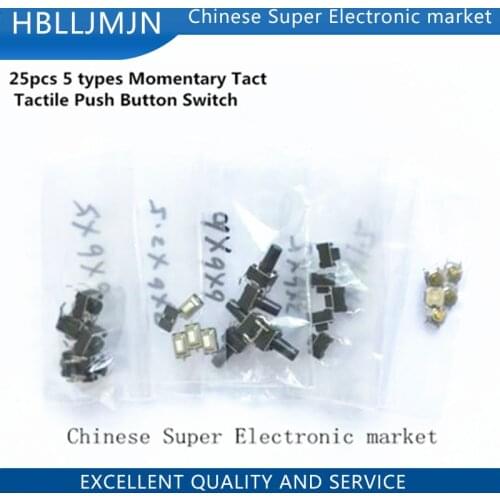 25pcs 5 types Momentary Tact Tactile Push Button Switch SMD Assortment Kit Set