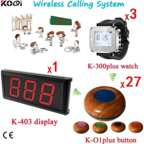 27pcs Service Bell and 3pcs Wrist Receivers With 1pc Screen Show 3-digit Number;Wireless Calling System