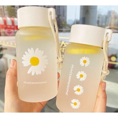 500ml Small Daisy Transparent Plastic Water Bottles BPA Free Creative Frosted Water Bottle With Portable Rope Travel Tea Cup