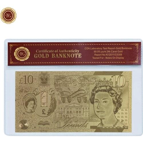 WR 10 Pounds Gold Plated Foil Banknote England Replica Paper Money Golden Banknote with COA Frame for Collection