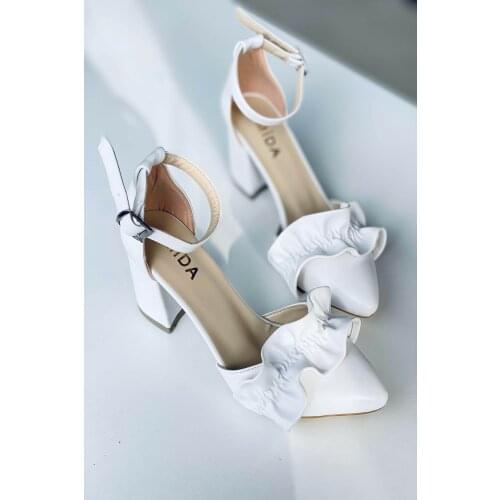 White Leather Frilly Women Heels Shoes