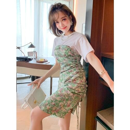 Round neck T-shirt splicing draw string printed fold open fork set off two new female summer dress