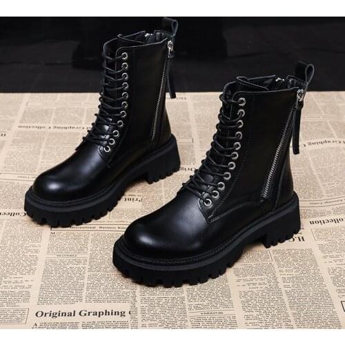 Nice Black Martin Boots Women Vogue Womens Lace Up Round Head Ankle Boots Female Vogue Shoes Ladies Combat Booties