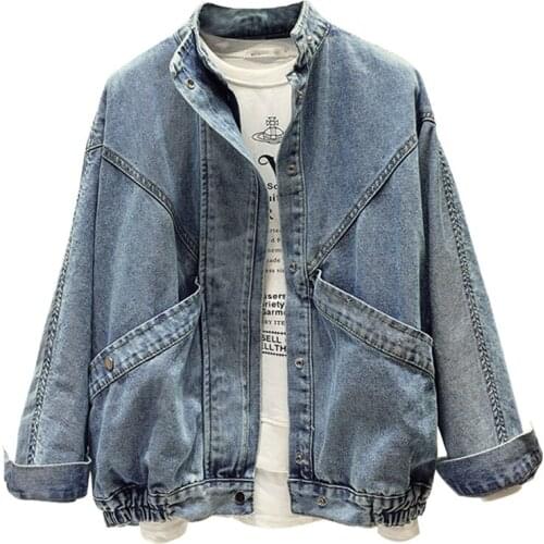 2020 New Denim bomber Jacket Womens Short Single-Breasted Bat Sleeve Big Pocket Loose Windbreaker Autumn Winter Tooling