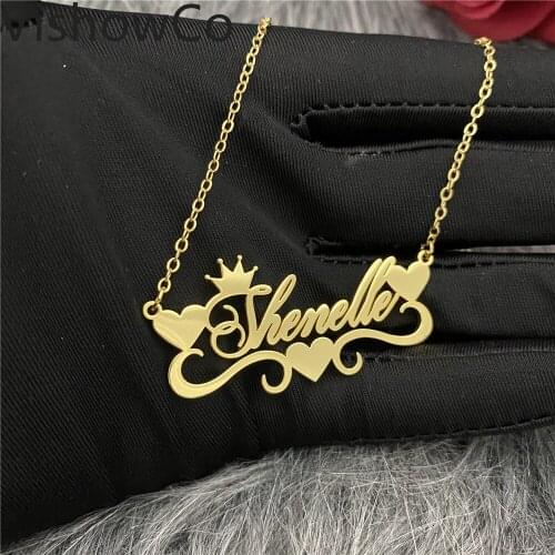 VishowCo Custom Name Necklace Personalized Stainless Steel Gold Choker Heart Crown Pendants Nameplate Necklace Jewelry