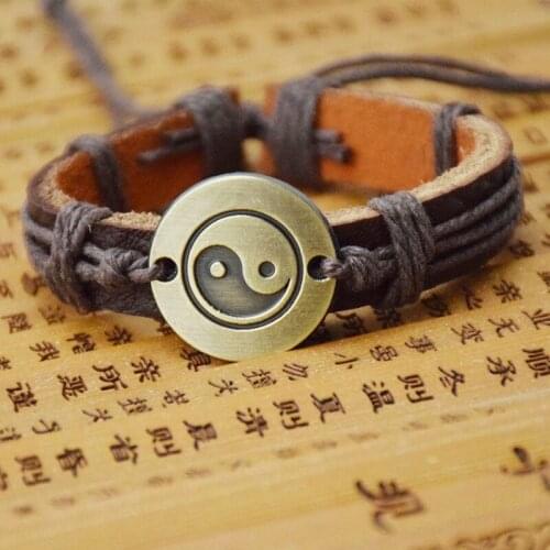 Couple Bracelets Hematite Leather Braided Cord Chain Bracelet Chinese Tai Chi Yin Yang Alloy Pendant Woven Lover Bracelet Gift
