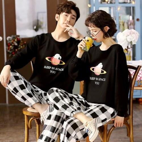 SLPBELY Couple Pajamas Set Homesuit Spring Cartoon Long Sleeve Plaid Pant Men And Women Pyjamas Lovers Sleepwear Nightclothes