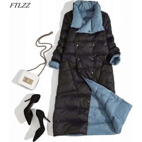 FTLZZ Women Double Sided Down Jacket Winter Turtleneck White Duck Down Coat Double Breasted Long Parkas Warm Snow Outwear