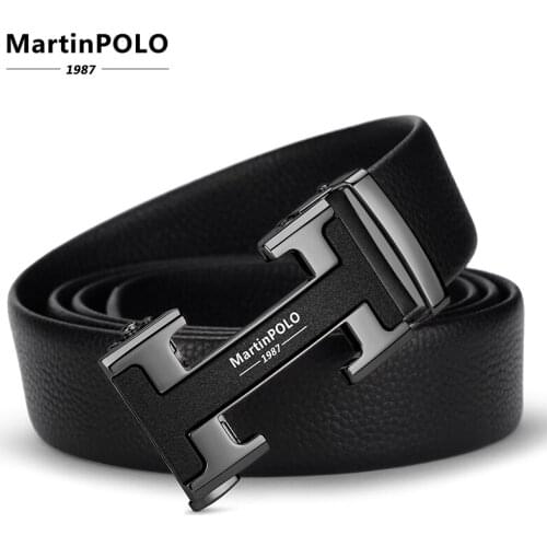 MartinPOLO Mens Belt Genuine Leather Automatic Buckle Belt Black Strap for Jeans Original Natural Cowskin Belts Casual MP02801P