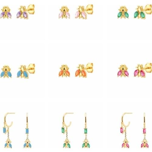 AIDE Pendiente Plata 925 Sterling Silver Bee Stud Earrings For Women Purple Green Zircon Piercing Earring Jewelry Pendientes CZ