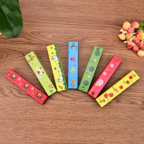 Random Color Cartoon Painted Wooden Harmonica Instrument Children Musical Educational Music Toys