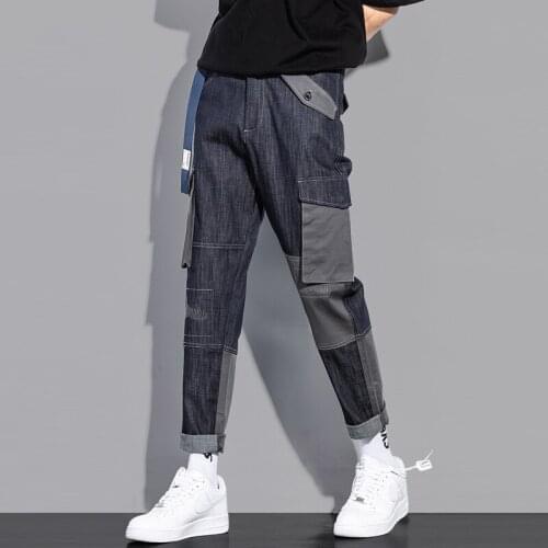 Hip Hop Streetwear Denim Pants Patchwork Color Blocks Fashion Joggers Pant Male Harajuku Jeans HG137