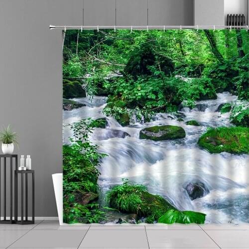 Waterfall Landscape Shower Curtain Green Plants Bamboo Tree Forest Mountain Stone Lake Natural Scenery Bathroom Decor Curtains