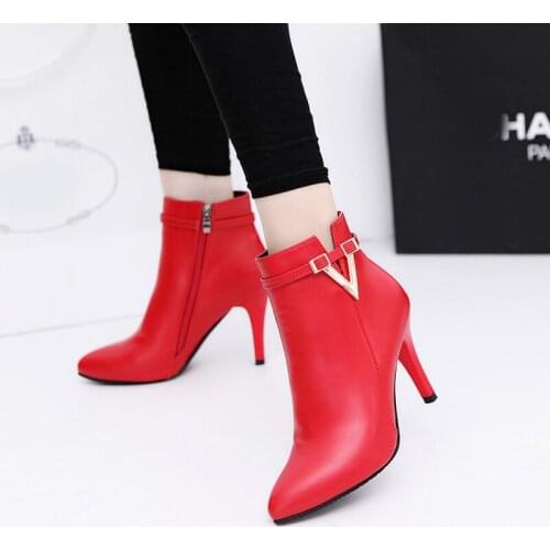 2021 Spring Autumn Stiletto Thin Woman Shoes High Heels Sexy Pointed Toe Faux Leather Zipper Style Sexy Ankle Boots Womens Boots