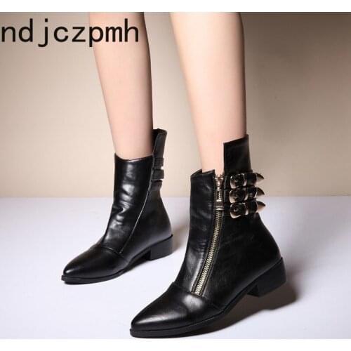 Womens Boots The New fashion winter Pointed zipper belt buckle Low-heeled Martin boots Womens shoes 34-39 Heel Height 2.5cm