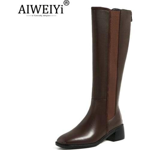 AIWEIYi Women Genuine Leather Boots Fashion Handmade Round toe Retro Style Womans Knee High Boots