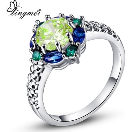 Lingmei Wedding Band Jewelry Green Purple Red Pink CZ Silver Color Ring Size 6-10 for Fashion Women Ring Wholesale 26R