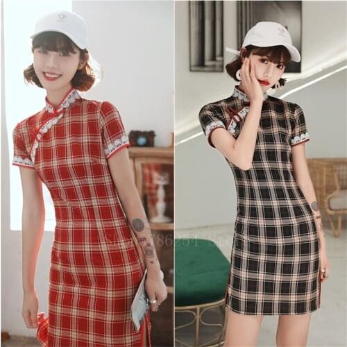 Cheongsam Dress Plaid Vintage Qipao 2020 Oriental Elegant Women Traditional Chinese Robe Elegant Vestidos Party New Year Clothes
