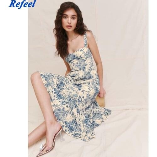 Summer Dresses Women Vintage Blue White Floral Print Dress Woman Sexy Spaghetti Strap Tie Chiffon Elegant Ruffle Midi Dress
