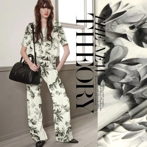 140cm wide 13.5mm ink color leaves print silk linen fabric for summer shirt dress a little transparent and hard fabric