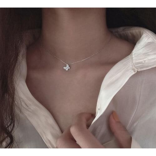 Shiny Zircon Silver Necklace With Long Tassel Butterfly Choker Girls Birthday Party Personality Simple Gift