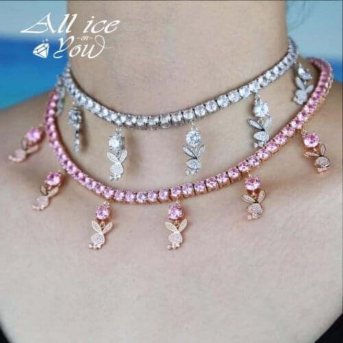 ALLICEONYOU High Quality Rabbit Pendant 4mm 1Row Tennis Chain Necklace Hip Hop Jewelry Female Shiny Necklace Link Adjustable