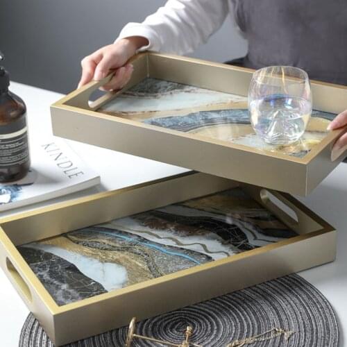 Ink Style Wooden Storage Tray Golden Trim Glass Mirror Jewelry Trays Dressing Table Cosmetic Display Organizer Plate Home Decor