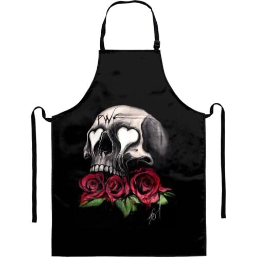 Skull with Rose Design Women Kitchen Cooking Baking Aprons Polyester Sleeveless Home Bibs Cleaning Waterproof Tools Adjustable