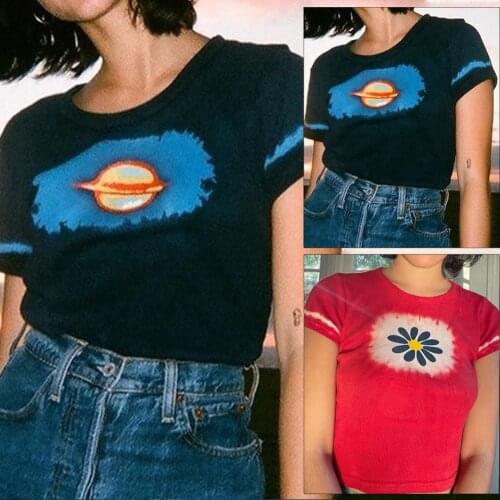 T-shirt Short O-Neck Sleeve Color Block Women Print Planet/Floral Print Cotton Slim Crop Top Young Style for Summer