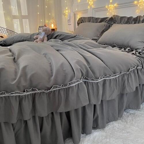 Chic Dark Gray Farmhouse Long Ruffles Duvet Cover Bedskirt pillowcase Brushed Microfiber bedding set Full size 3/4pcs Easy Care