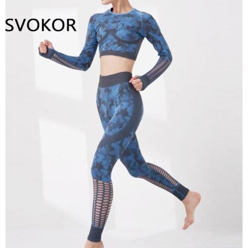 SVOKOR Seamless Sports Suits Women 2 Piece Sets Camouflage Women Workout Gym Leggings High Waist Fitness Long Sleeve Crop Tops