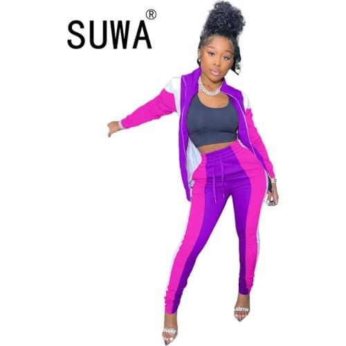 Contrast Color Tracksuit Joggers Suit For Women Two Piece Sets Long Sleeve Coats Top High Waist Pencil Pants Sweatpants
