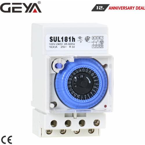 GEYA SUL181h Mechanical Timer Switch 24 Hours Programmable Din Rail Timer Switch with Battery 110V-240V